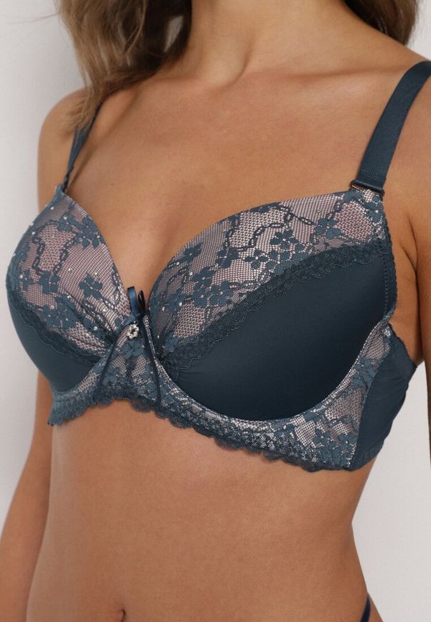 Renee - Ciemnozielony Biustonosz z Koronką i Cyrkoniami Himelodia. Kolor: zielony. Materiał: koronka. Wzór: koronka