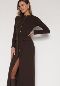 Born2be - Brązowa Sukienka Koszulowa z Wiskozą Guzikami i Paskiem Vetienne. Okazja: na co dzień. Kolor: brązowy. Materiał: wiskoza. Typ sukienki: koszulowe. Styl: casual #4
