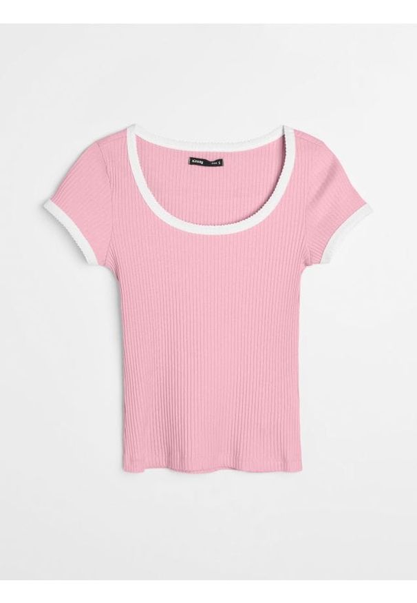 Sinsay - Prążkowana koszulka z kontrastową lamówką - różowy. Kolor: różowy. Materiał: prążkowany