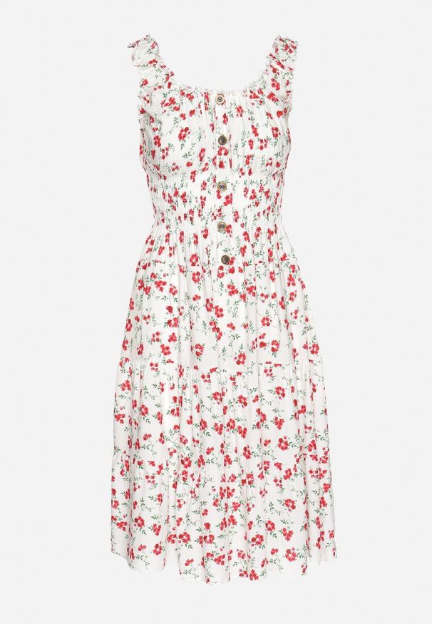 Born2be - Biało-Czerwona Sukienka Rozkloszowana na Ramiączkach w Kwiaty Tallio. Okazja: na spacer, na co dzień, na imprezę. Typ kołnierza: dekolt kwadratowy. Kolor: biały. Materiał: jeans. Długość rękawa: na ramiączkach. Wzór: kwiaty. Typ sukienki: rozkloszowane, proste. Styl: casual, klasyczny