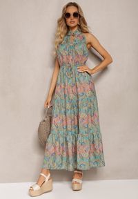 Renee - Niebiesko-Zielona Sukienka w Stylu Boho Bez Rękawów z Gumką w Pasie i Wiązaniem przy Dekolcie Yisa. Kolor: niebieski. Materiał: tkanina. Długość rękawa: bez rękawów. Sezon: lato. Styl: boho #2