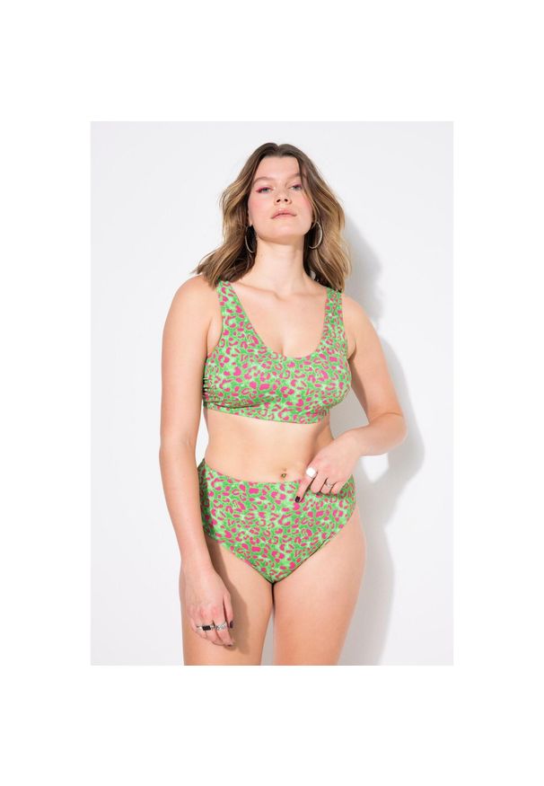 ULLA POPKEN - Damski Top od bikini miękkie miseczki wzór w panterkę. Kolekcja: plus size. Kolor: zielony. Materiał: elastan, poliamid, materiał. Wzór: motyw zwierzęcy