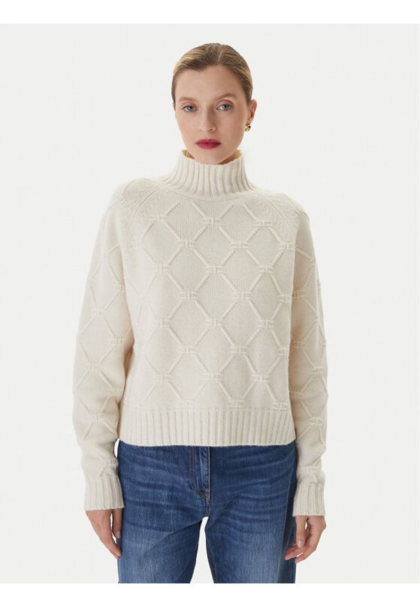 Elisabetta Franchi Sweter MK-55T-57E2 Biały Regular Fit. Kolor: biały. Materiał: wełna