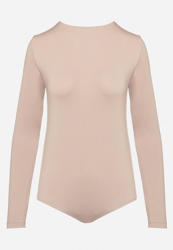 Born2be - Ciemnobeżowe Body w Klasycznym Stylu na Zatrzaski Emeriana. Okazja: na co dzień, do pracy, na spotkanie biznesowe. Kolor: beżowy. Materiał: jeans, skóra. Długość rękawa: długi rękaw. Długość: długie. Styl: klasyczny