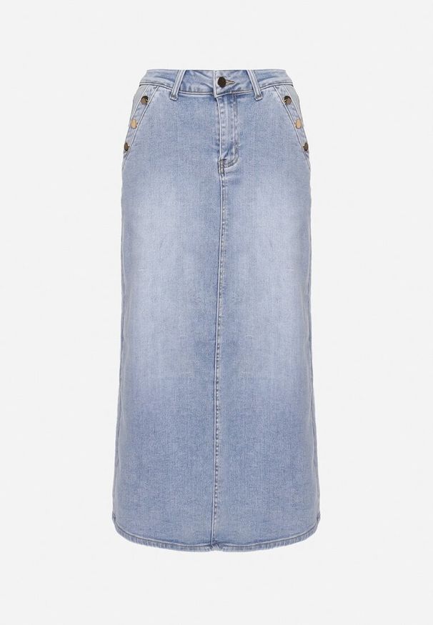 Born2be - Jasnoniebieska Spódnica Jeansowa z Ozdobnymi Nitami i Wysokim Stanem Nellahope. Stan: podwyższony. Kolor: niebieski. Materiał: jeans. Wzór: aplikacja. Styl: klasyczny