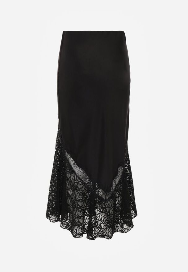 Renee - Czarna Satynowa Spódnica Ozdobiona Rozcięciem na Nogę i Koronką Saviraet. Kolor: czarny. Materiał: satyna, koronka. Wzór: aplikacja, koronka. Styl: elegancki
