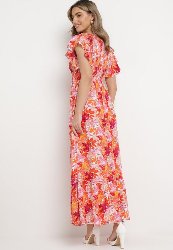 Born2be - Pomarańczowa Sukienka Maxi z Kwiatowym Wzorem i Gumką w Talii Oleccte. Kolor: pomarańczowy. Wzór: kwiaty. Styl: wakacyjny. Długość: maxi