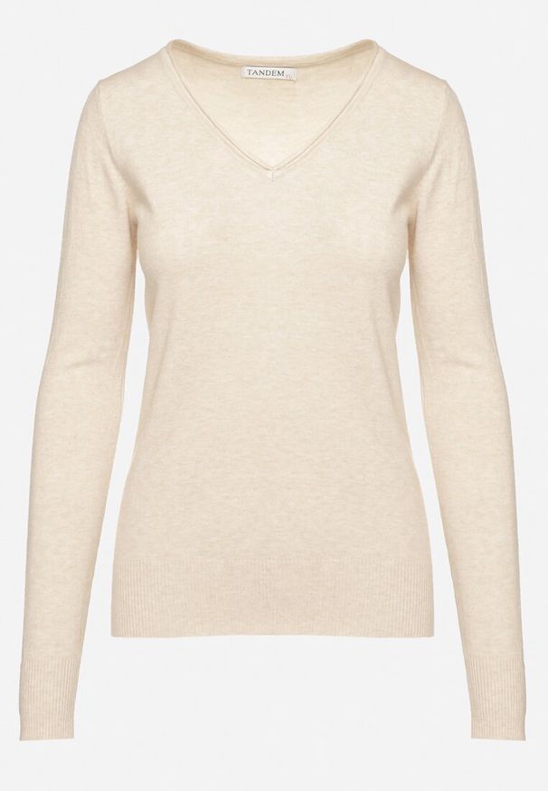 Born2be - Beżowy Sweter Klasyczny z Trójkątnym Dekoltem z Domieszką Kaszmiru Taielle. Okazja: na co dzień, do pracy. Kolor: beżowy. Materiał: kaszmir. Styl: klasyczny