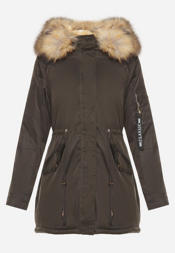 Born2be - Zielono-Beżowa Kurtka Parka z Futerkowym Odpinanym Zdobieniem przy Kapturze Inellae. Okazja: na co dzień. Kolor: zielony. Materiał: dzianina, futro, jeans. Wzór: aplikacja. Styl: klasyczny, elegancki, casual