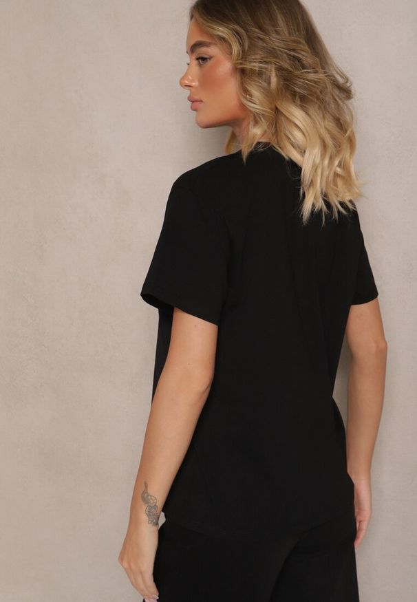 Renee - Czarny Bawełniany T-shirt z Brokatem i Nadrukiem Nalamis. Okazja: na co dzień, na spacer. Kolor: czarny. Materiał: bawełna. Wzór: nadruk. Styl: klasyczny, casual, elegancki