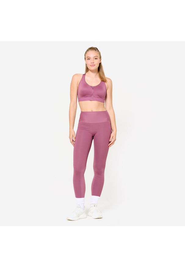 DOMYOS - Legginsy fitness damskie Domyos. Stan: podwyższony. Kolor: fioletowy. Materiał: materiał, skóra. Sport: fitness