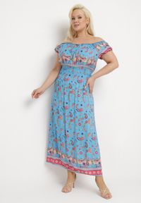 Born2be - Niebieska Sukienka na Lato Bawełniana Hiszpanka z Wzorem Paisley i Gumką w Pasie Vediana. Okazja: na co dzień, na ślub cywilny, na spacer, na wesele. Typ kołnierza: dekolt hiszpanka. Kolor: niebieski. Materiał: bawełna. Długość rękawa: na ramiączkach. Wzór: paisley. Sezon: lato. Styl: casual
