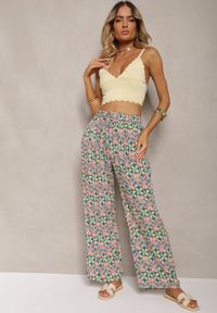 Renee - Zielono-Różowe Wiskozowe Spodnie High Waist Szerokie z Gumką w Pasie i Kieszeniami Aizha. Stan: podwyższony. Kolor: zielony. Materiał: wiskoza