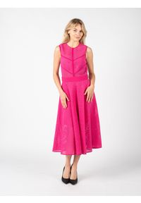 Pinko Sukienka "Celibe" | 1G13UT 7321 | Kobieta | Różowy. Kolor: różowy. Materiał: bawełna, elastan, poliamid. Długość rękawa: bez rękawów. Wzór: ażurowy. Typ sukienki: rozkloszowane, dopasowane. Długość: midi
