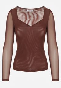 Renee - Brązowa Bluzka Longsleeve z Siateczki z Wiskozą z Dekoltem w Serce Elinevia. Kolor: brązowy. Materiał: wiskoza. Długość rękawa: długi rękaw #2