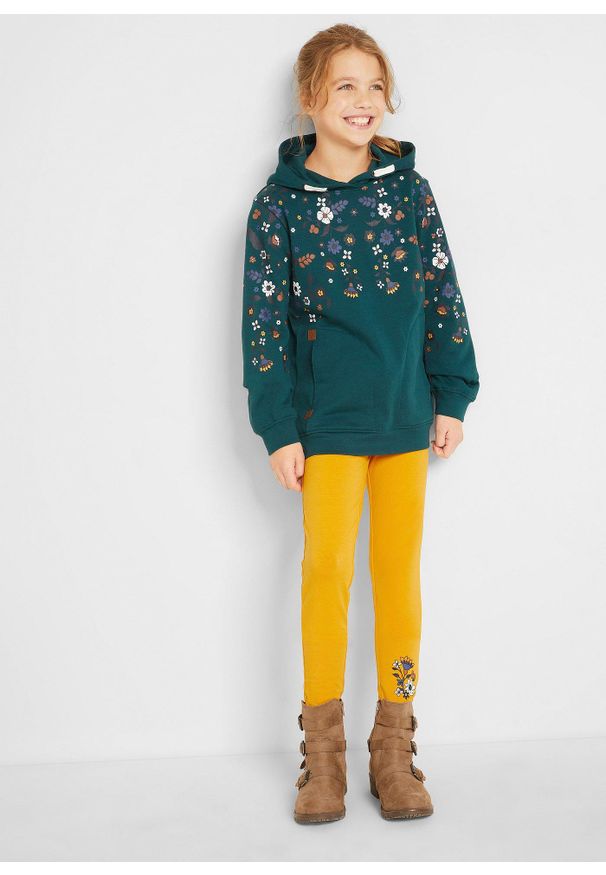 bonprix - Bluza z kapturem, bawełna organiczna. Typ kołnierza: kaptur. Kolor: niebieski. Materiał: bawełna. Wzór: nadruk, kwiaty