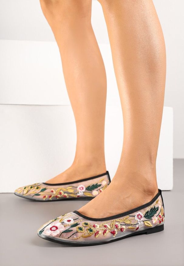 Renee - Czarne Haftowane Balerinki z Siateczki z Kwiatowym Motywem Feviane. Kolor: czarny. Materiał: jeans. Wzór: kwiaty, haft