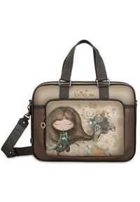 Brązowa Aktówka Anekke Elegancka Damska Torba Na Laptopa. Kolor: brązowy. Wzór: haft, napisy. Styl: elegancki