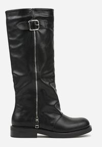 Renee - Czarne Kozaki w Stylu Bikerów z Klamrą i Suwakiem Linfara. Okazja: na co dzień. Zapięcie: klamry. Kolor: czarny. Materiał: skóra, jeans. Styl: casual, klasyczny #6