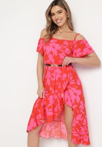 Born2be - Czerwono-Różowa Rozkloszowana Sukienka Midi Hiszpanka w Kwiaty Mirentta. Typ kołnierza: dekolt hiszpanka. Kolor: czerwony. Wzór: kwiaty. Typ sukienki: rozkloszowane. Styl: boho. Długość: midi #1