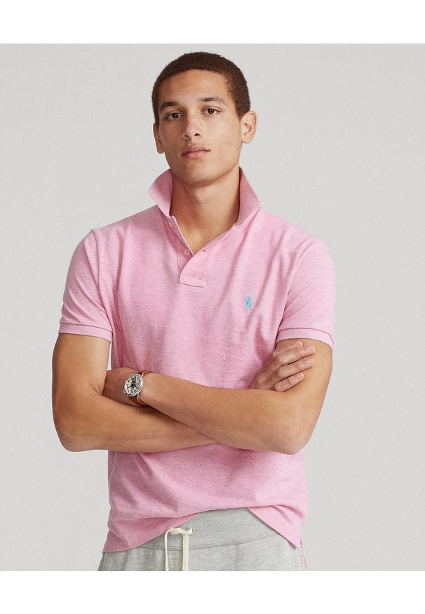 Ralph Lauren - RALPH LAUREN - Różowa koszulka polo Custom Slim Fit Mesh. Typ kołnierza: polo. Kolor: różowy, wielokolorowy, fioletowy. Materiał: mesh. Wzór: haft