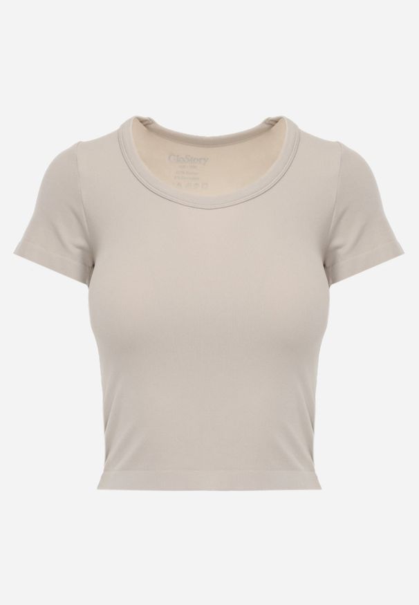 Renee - Beżowy Krótki T-shirt Basic z Okrągłym Dekoltem Gresalor. Okazja: na co dzień. Kolor: beżowy. Materiał: jeans, zamsz. Długość: krótkie. Styl: klasyczny, casual