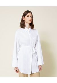TwinSet - Biała koszula z popeliny z paskiem Twinset. Kolor: biały. Materiał: elastan, bawełna. Długość: długie