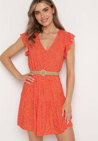 Born2be - Pomarańczowa Bawełniana Sukienka o Rozkloszowanym Kroju w Kropki Giavina. Okazja: na co dzień. Kolor: pomarańczowy. Materiał: bawełna. Wzór: kropki. Typ sukienki: sportowe, rozkloszowane. Styl: casual, sportowy #2