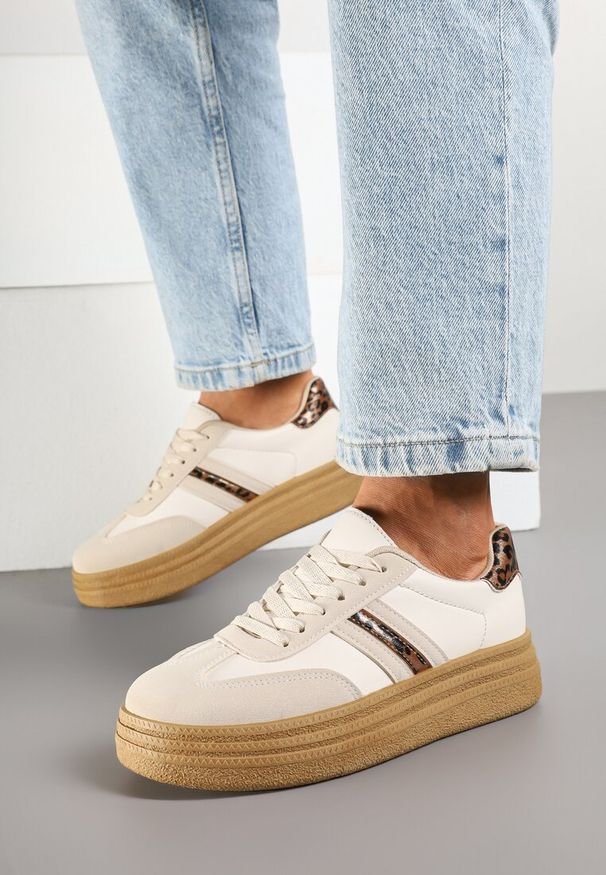 Renee - Beżowe Sneakersy Kultowe Tenisówki na Grubej Podeszwie Ozdobione Wzorem w Panterkę Gonelis. Okazja: na co dzień. Kolor: beżowy. Materiał: jeans. Wzór: aplikacja, motyw zwierzęcy
