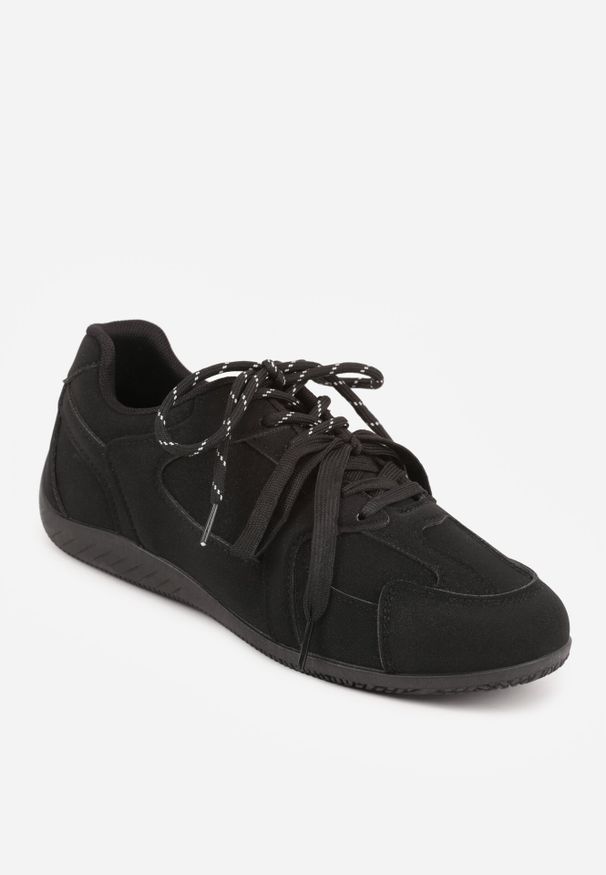 Born2be - Czarne Sneakersy Ozdobione Przeszyciami i Podwójnym Sznurowaniem Coraera. Okazja: na co dzień. Zapięcie: sznurówki. Kolor: czarny. Materiał: jeans, materiał. Wzór: aplikacja