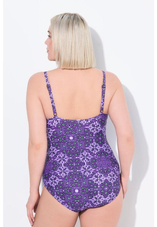 ULLA POPKEN - Damski Kostium kąpielowy drapowany miękkie miseczki ozdobne koraliki. Kolekcja: plus size. Kolor: fioletowy. Materiał: poliamid, materiał, elastan