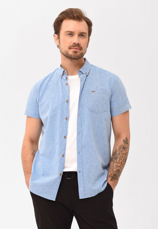 Volcano - Koszula z lnem, Regular Fit, C-LIN. Typ kołnierza: button down. Kolor: niebieski. Materiał: len. Długość rękawa: krótki rękaw. Długość: krótkie