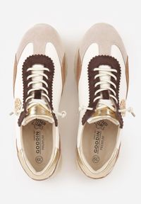 Born2be - Beżowo-Złote Skórzane Sneakersy z Metaliczną Ozdobą Rioneira. Zapięcie: sznurówki. Kolor: beżowy. Materiał: skóra. Wzór: aplikacja #7