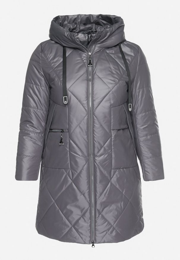 Born2be - Ciemnoszara Długa Pikowana Kurtka z Kapturem i Dwustronnym Suwakiem Eritha. Okazja: na co dzień. Typ kołnierza: kaptur. Kolekcja: plus size. Kolor: szary. Materiał: jeans. Długość rękawa: długi rękaw. Długość: długie. Styl: elegancki, casual