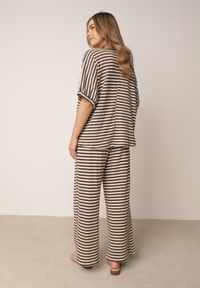 Born2be - Beżowo-Brązowy Dzianinowy Komplet z Bawełny T-shirt i Szerokie Spodnie o Luźnym Fasonie w Paski Nemoress. Kolor: beżowy. Materiał: bawełna, dzianina. Wzór: paski #4