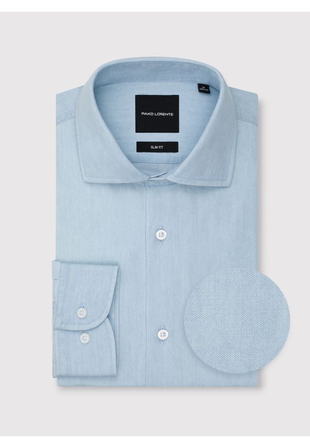 Pako Lorente - PAKO LORENTE - Jasnoniebieska koszula jeansowa. Typ kołnierza: kołnierzyk włoski. Kolor: niebieski. Materiał: jeans. Długość rękawa: długi rękaw. Długość: długie. Wzór: gładki