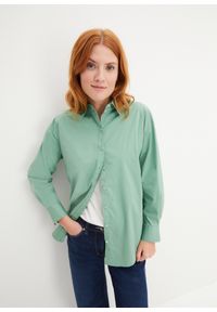 bonprix - Luźniejsza bluzka z plisą guzikową. Kolor: zielony. Materiał: tkanina