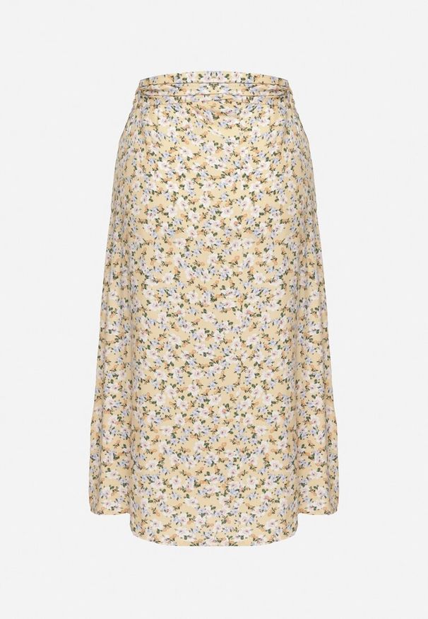 Born2be - Beżowa Spódnica Wiązana w Pasie w Kwiatowy Print Ellivella. Okazja: na spotkanie biznesowe. Kolor: beżowy. Wzór: kwiaty, nadruk. Styl: biznesowy, klasyczny, elegancki