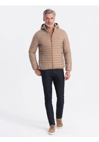 Ombre Clothing - Męska kurtka pikowana pakowana w worek - brązowa V4 - Rozmiar: XL. Typ kołnierza: kołnierzyk stójkowy. Kolor: brązowy. Materiał: nylon, poliester, materiał