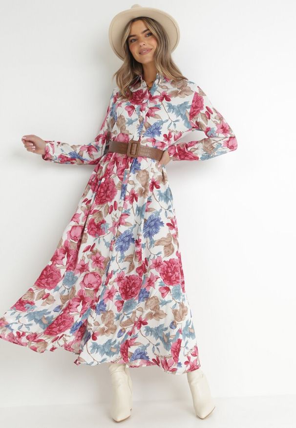 Born2be - Biała Sukienka Koszulowa z Rozcięciem w Kwiaty Vethere. Kolor: biały. Długość rękawa: długi rękaw. Wzór: kwiaty. Typ sukienki: koszulowe. Styl: elegancki. Długość: maxi