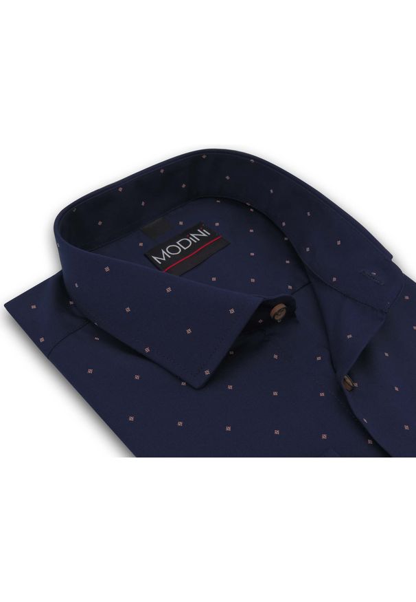 Modini - Granatowa koszula męska w brązowy delikatny wzorek Y41. Kolor: brązowy, wielokolorowy, niebieski. Materiał: bawełna, poliester, tkanina. Długość: długie