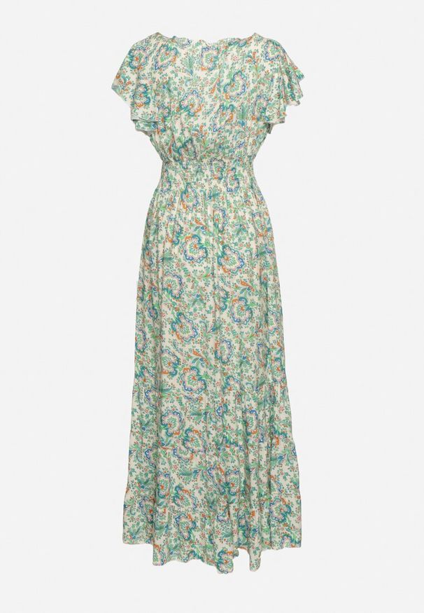 Born2be - Jasnozielona Sukienka z Bawełny w Ornamentalny Wzór z Gumką w Pasie i Falbankami Fioralas. Typ kołnierza: kołnierz z falbankami. Kolor: zielony. Materiał: bawełna