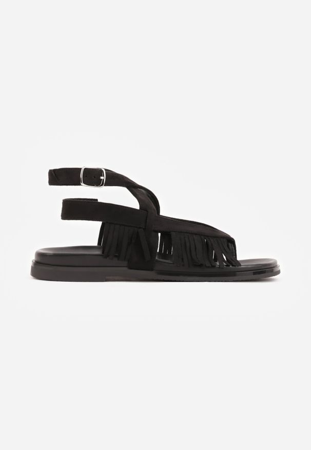 Born2be - Czarne Sandały w Stylu Rzymianek z Frędzlami Lysoph. Okazja: na co dzień. Zapięcie: sprzączka. Kolor: czarny. Materiał: jeans. Styl: casual, elegancki, boho