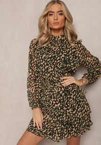 Renee - Beżowo-Zielona Mini Sukienka o Rozkloszowanym Fasonie Ozdobiona Brokatem Giannes. Kolor: beżowy. Materiał: dzianina. Wzór: aplikacja. Długość: mini #3