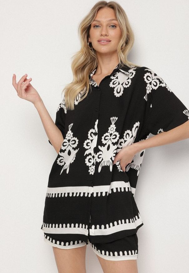 Born2be - Czarny Komplet w Stylu Rustykalnym Koszula i Szorty Tosmire. Kolor: czarny. Materiał: wiskoza, tkanina