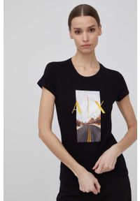 Armani Exchange t-shirt bawełniany kolor czarny. Okazja: na co dzień. Kolor: czarny. Materiał: bawełna. Długość rękawa: krótki rękaw. Długość: krótkie. Wzór: nadruk. Styl: casual