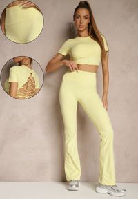 Renee - Żółty Komplet Sportowy Spodnie i Koszulka Ozdobiona Sznurowaniem Lumileine. Kolor: żółty. Wzór: aplikacja #1