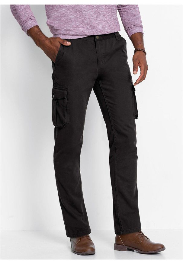 bonprix - Spodnie bojówki, regular fit, straight, z elastycznym pasem. Stan: obniżony. Kolor: czarny