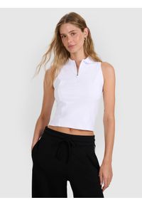 4f - 4F Top tenisowy z rozpięciem damski - biały S. Kolor: biały. Materiał: elastan, materiał, włókno, dzianina, syntetyk. Wzór: gładki, ze splotem. Sport: tenis #1