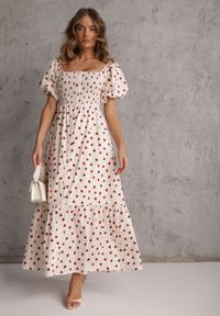 Renee - Beżowa Rozkloszowana Sukienka w Kropki z Bawełny z Bufiastymi Rękawami Aninele. Kolor: beżowy. Materiał: bawełna. Wzór: kropki. Sezon: lato #3